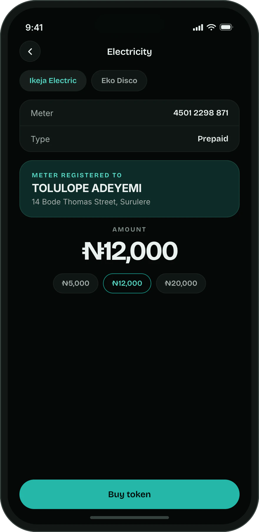 A Moneque electricity purchase, showing the name the meter is registered to