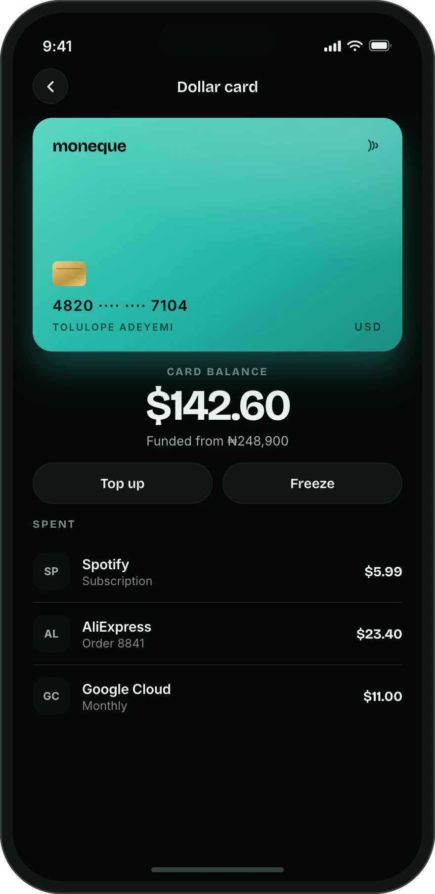 The Moneque dollar card screen, showing a card balance in dollars