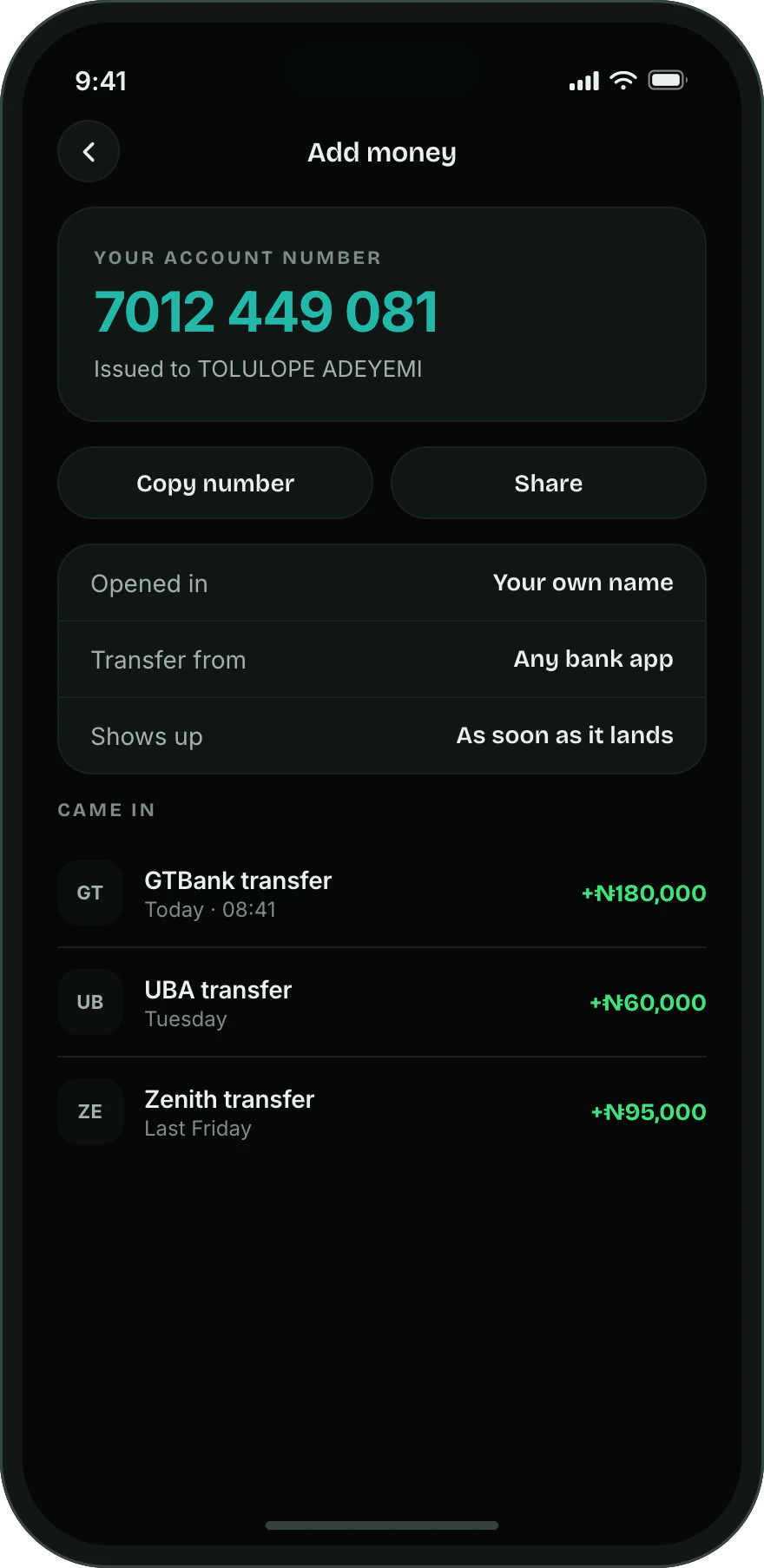 The Moneque add-money screen, showing the account number opened in the holder's name