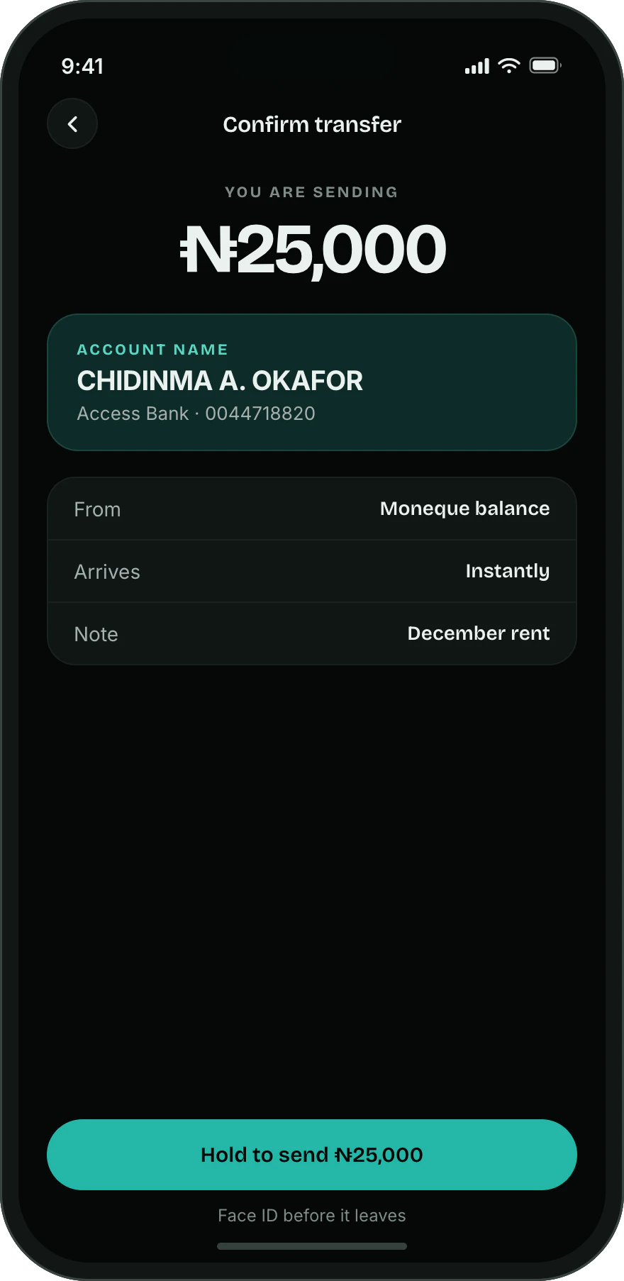 A Moneque transfer at the confirmation step, showing the account holder's name