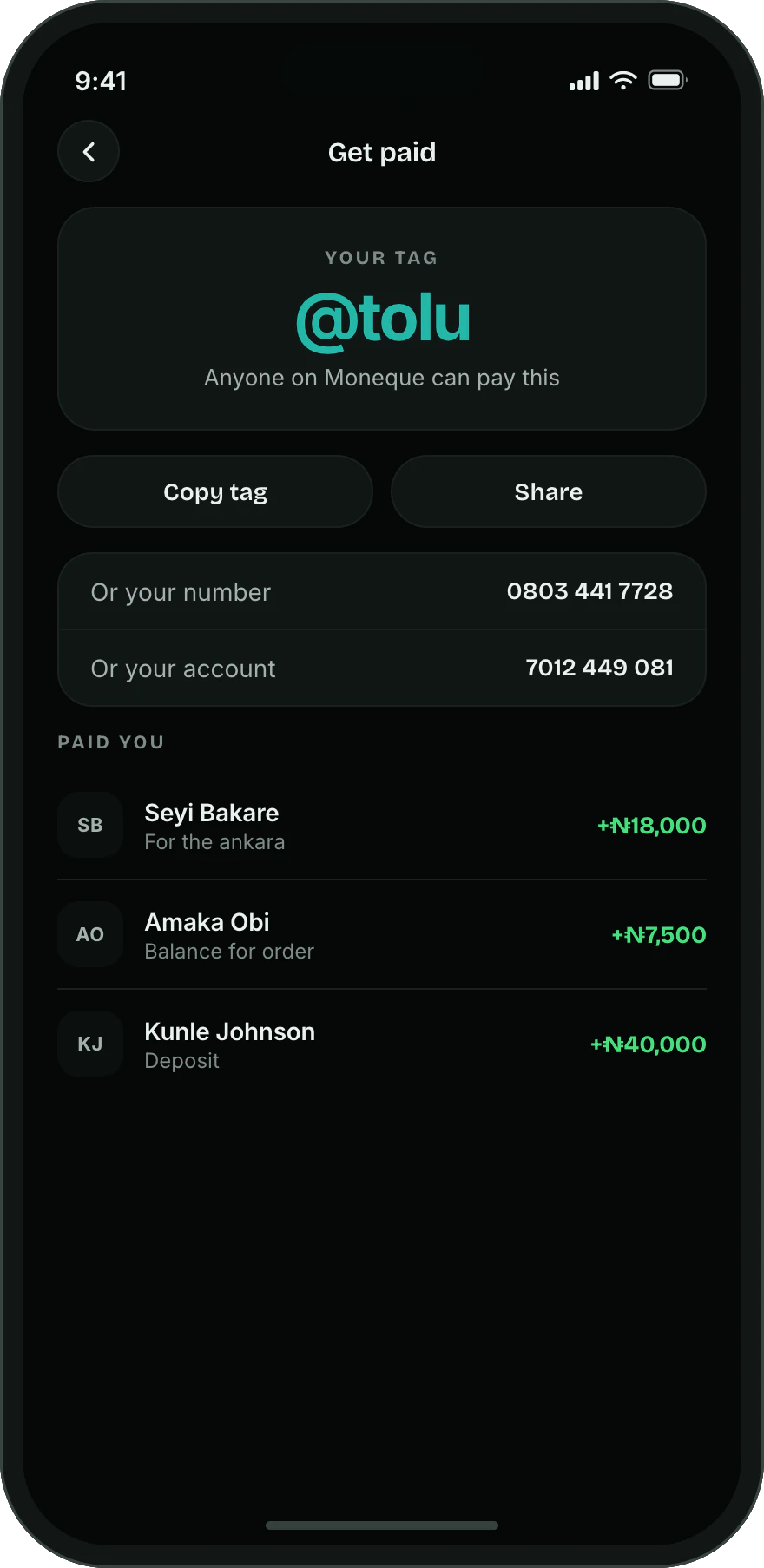 The Moneque get-paid screen, showing a personal tag and the payments it has received