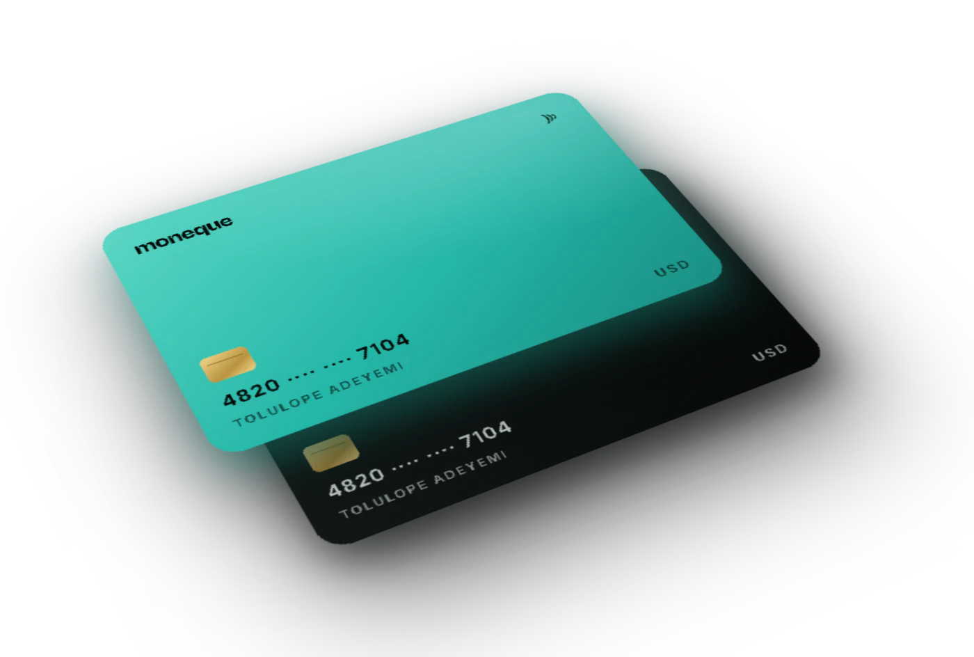 Two Moneque dollar cards, one teal and one black, lying face up
